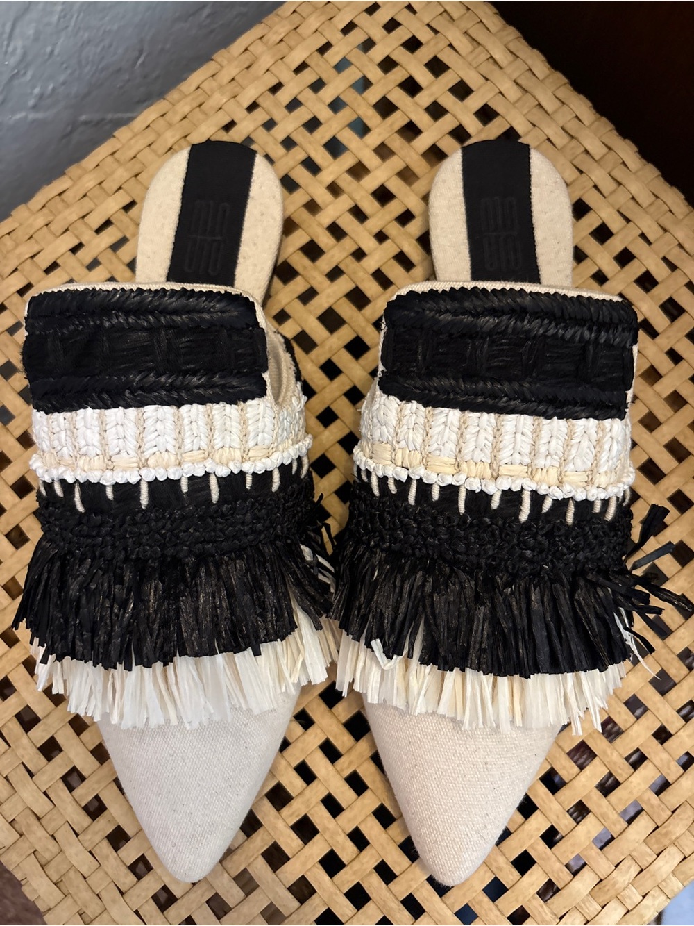SANYAI 313 BOLARIA RAFIA FRINGE CANVAS POINTED LUXURY MULES made in Italy